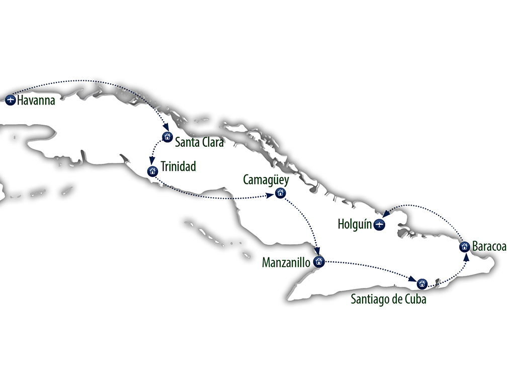 Karte zur Radreise Kuba von West nach Ost